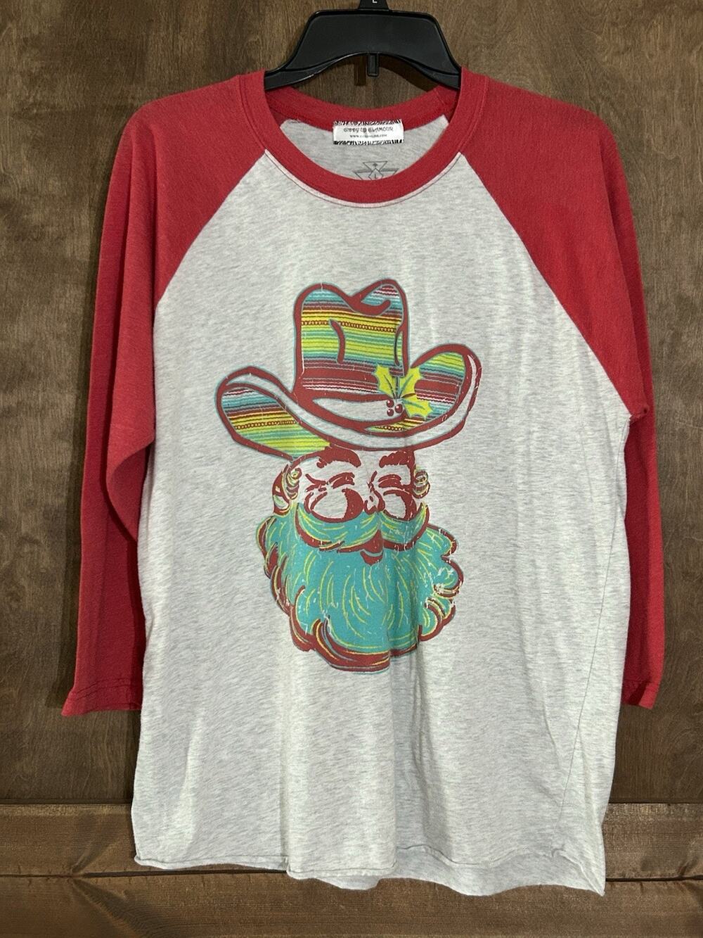 Giddy Up Glamour Cowboy Santa Raglan T-Shirt Size L White Red Sleeves